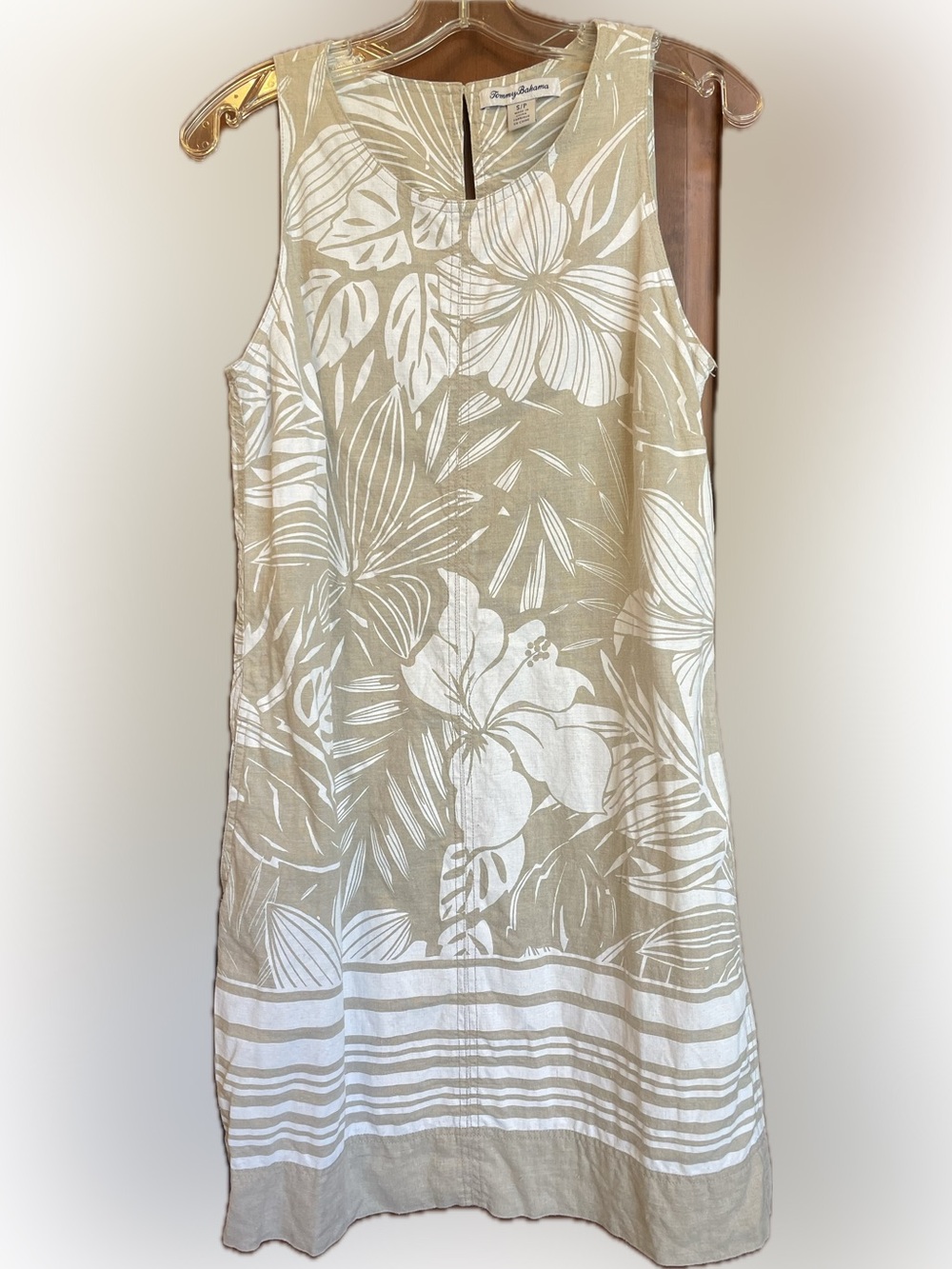 Tommy Bahama Khaki and White Tropical Floral Tank Linen Dress S/P